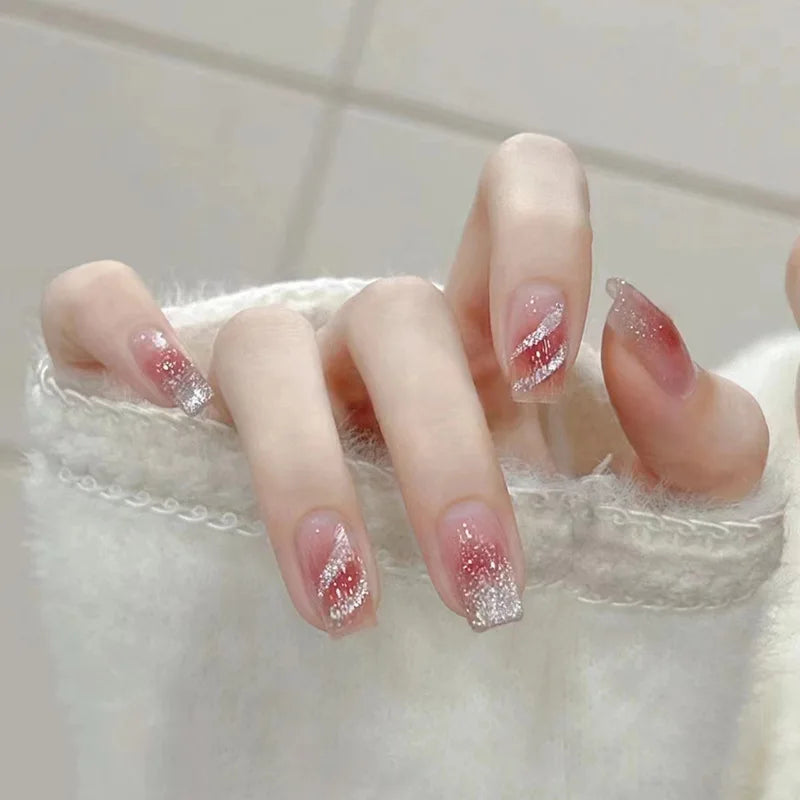 24Pcs Wearable French Fake Nails with Glue Simple Square False Nail Pink Short Detachable Press on Nail Tips Nude Manicure