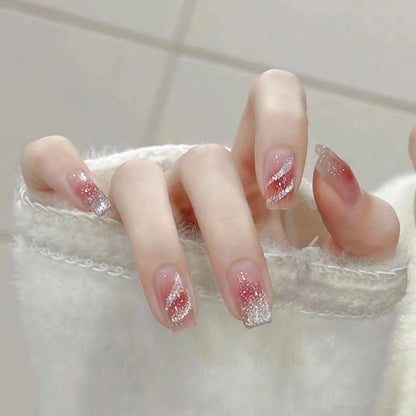 24Pcs Wearable French Fake Nails with Glue Simple Square False Nail Pink Short Detachable Press on Nail Tips Nude Manicure