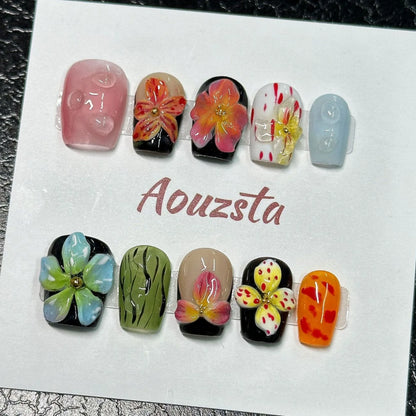 10pcs Black Pink French Style With Hand Painted 3D Flower Designs