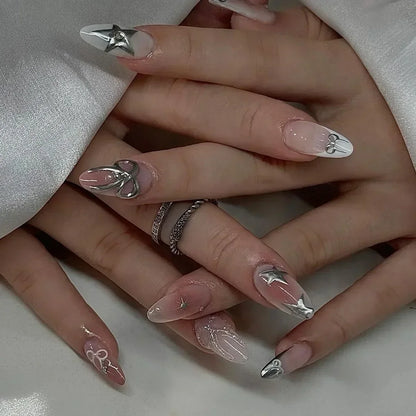 24Pcs Pink Almond French Press on Nails With 3D Bow ripple charms Design Fake Nails Ballerina False Nails Full Cover Nail Tips