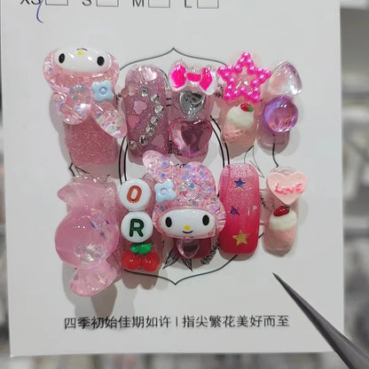 10Pcs Y2k Press on Nails Pink Wearing Nail with Kawaii Sanrios