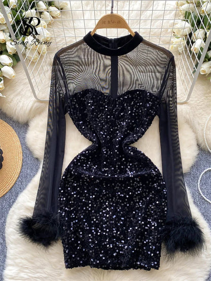 SINGREINY Autumn Luxury Sequins Party Dress Women Stand Collar Fur Long Sleeves Shiny Slim Bodycon Sheer Short Sexy Dress