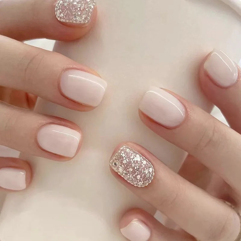 24pcs Short Square False Nails Glitter Flower Wave French Fake Nails Manicure Full Cover Detachable Nail Tips Press on Nails