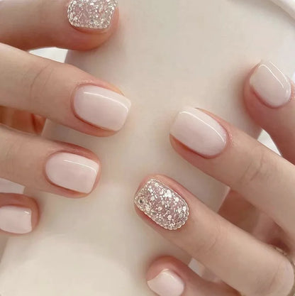 24pcs Short Square False Nails Glitter Flower Wave French Fake Nails Manicure Full Cover Detachable Nail Tips Press on Nails