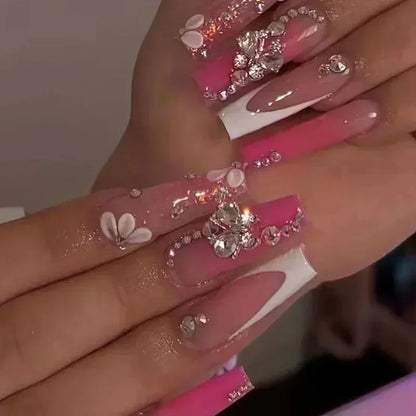 24Pcs Long Ballet French False Nails Pink Butterfly Flower with Rhinestones Wearable Fake Nails Gradient Press on Nail Tips Art