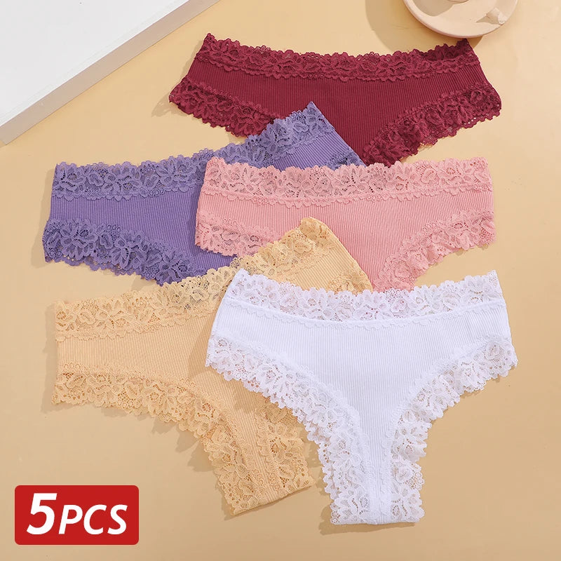 5PCS/Set Women Cotton Panties Sexy Lace Brazilian Panties Low Waist Elastic Thongs Female Comfortable Underwear Solid Color S-XL