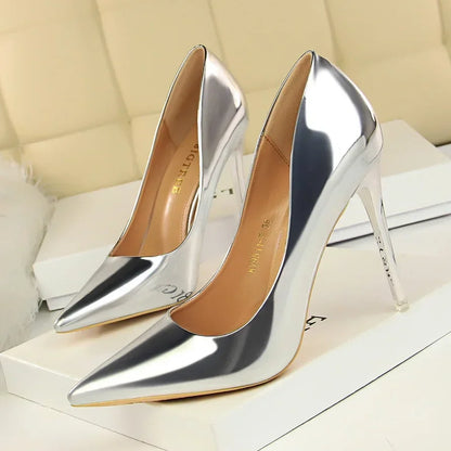 Fashion Spring Autumn Women High Heels Slip On Patent Leather 7.5CM Thin Heels Mature Women Modern Middle Heels Dress Shoes