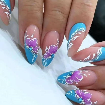 24Pcs Mid-length False Nails with Almond Head Design Brown Gold Lines Fake Nails Oval Wearable French Press on Nail Tips