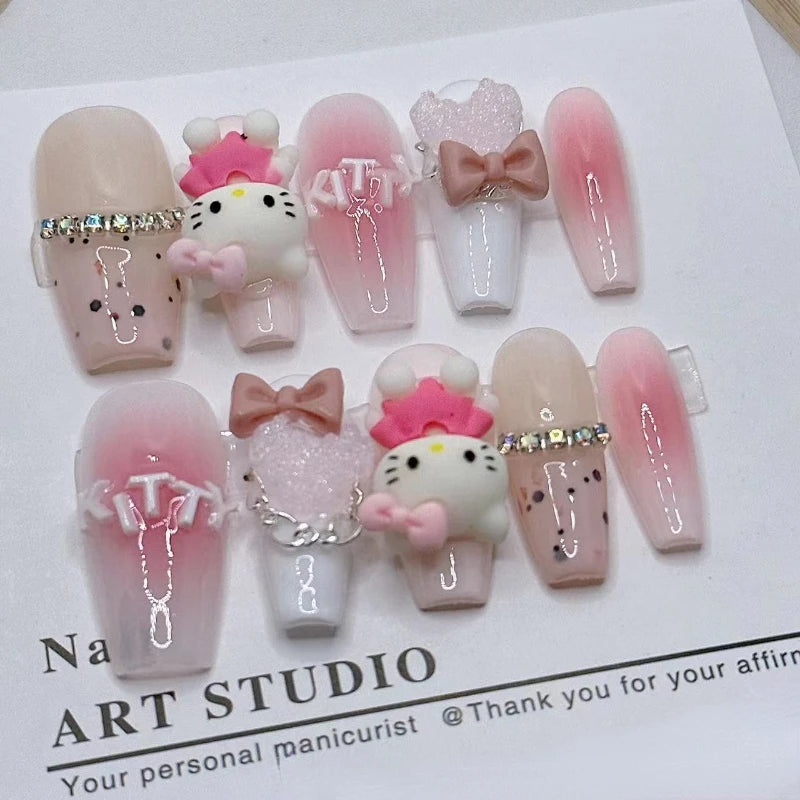 10Pcs Handmade Press on Nails Pink Hellokitty Charm Love Bow Decorated