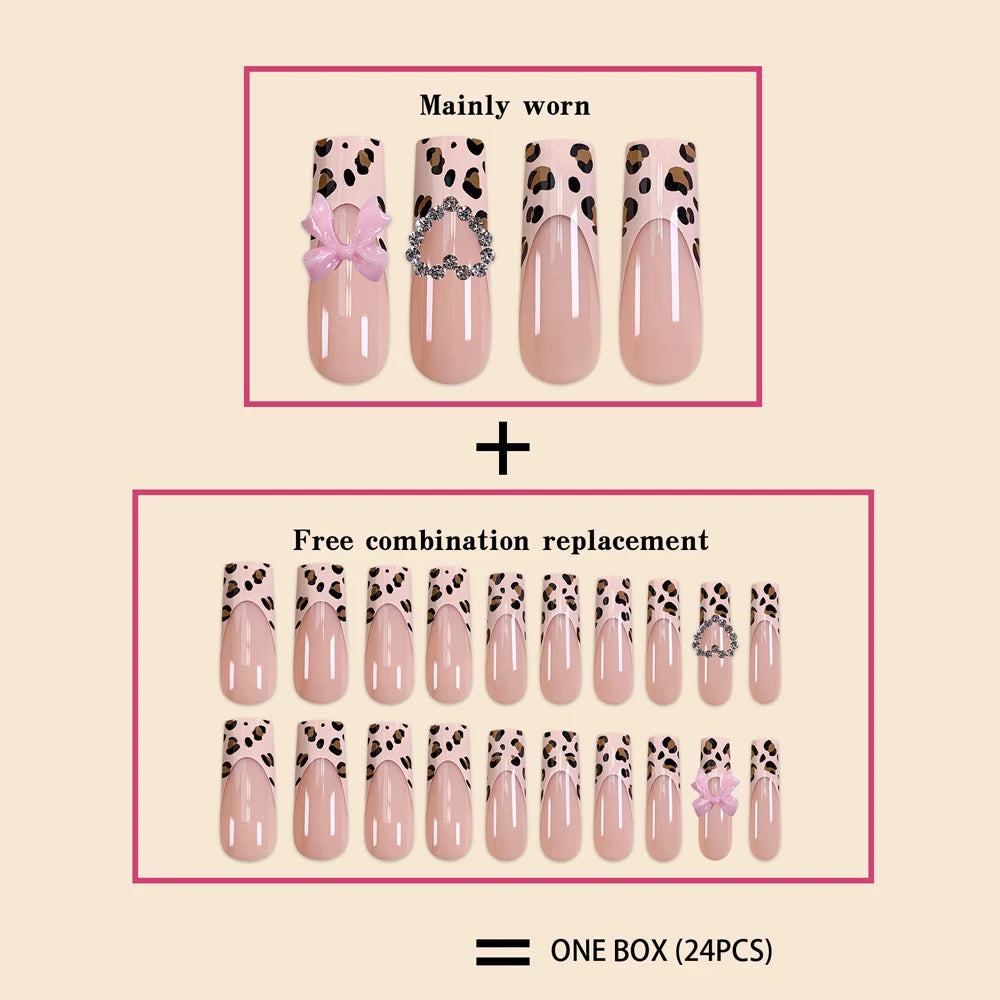 Luxury Ladies 24Pcs/Set Super Long Square French Leopard Print Pink Bow Heart Decoration Wearable Fake Nail  Press on Nail Art