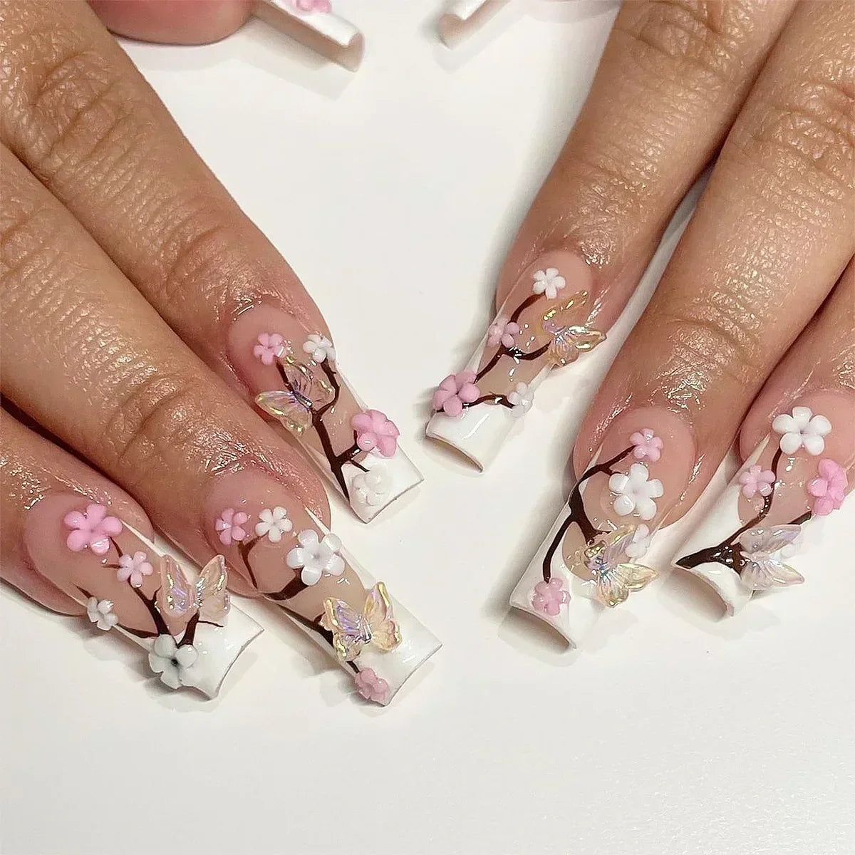 24Pcs False Nails Long Coffin Ballet French with Rhinestones Wearable Fake Nails Blue Flower Full Cover Press on Nails Tips Art