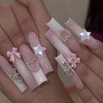 24Pcs Long Ballet French False Nails Pink Butterfly Flower with Rhinestones Wearable Fake Nails Gradient Press on Nail Tips Art