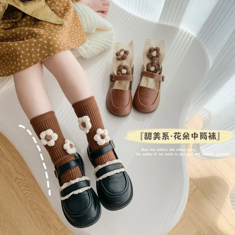 Kids Girls Socks Cotton Flower Knee High Children's Socks For Girls Winter Warm Knitted Baby Stocking Age for 0-7Years