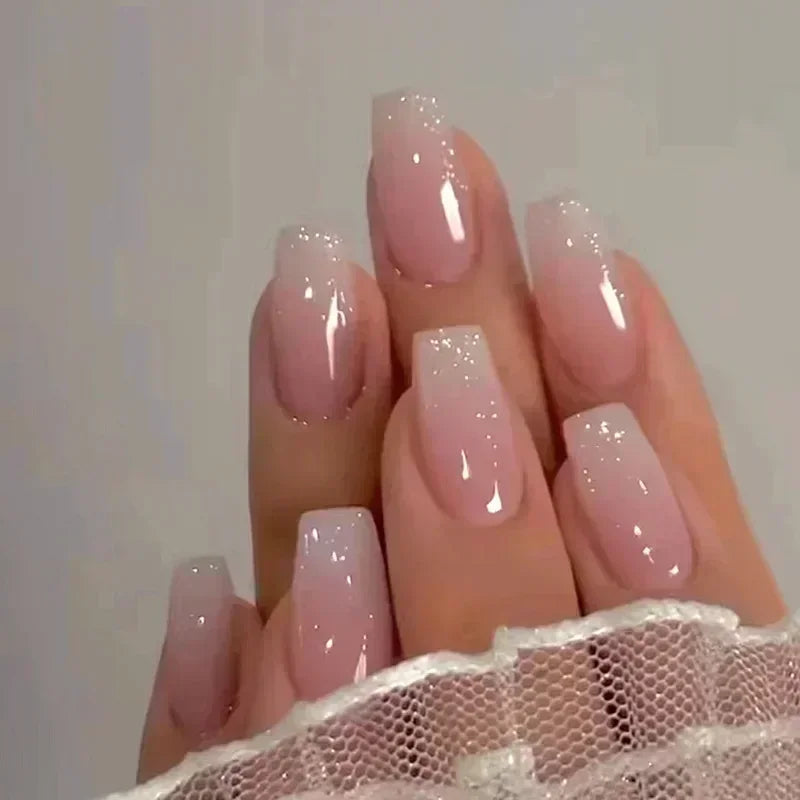 24Pcs Short Square French False Nails with Flower Shiny White Edge Design Pink Glitter Fake Nails Full Cover Press on Nails Tips