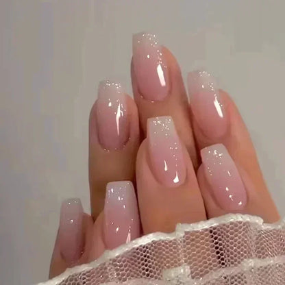 24Pcs Short Square French False Nails with Flower Shiny White Edge Design Pink Glitter Fake Nails Full Cover Press on Nails Tips