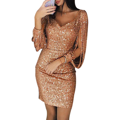 Women Dress Solid Color Long Tassel Sleeves V Neck lady Mini Dress Summer Sequins Glitter Party Slim Fit Dress Female Clothing
