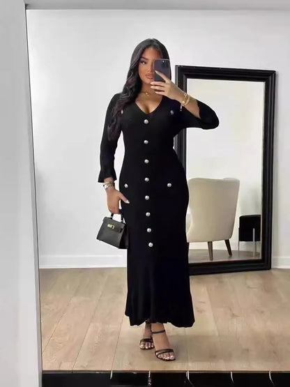 Elegant Knitted Long Dress Women Flare Sleelve V Neck Ruffles