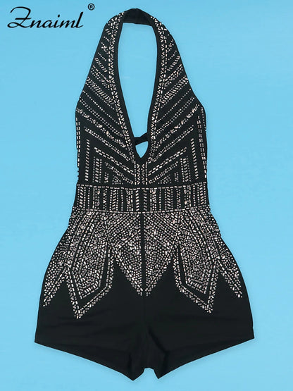 Gorgeous Deep V Neck Rhinestone Halter Bandage Playsuits Women Crystal Short Jumpsuits Rompers