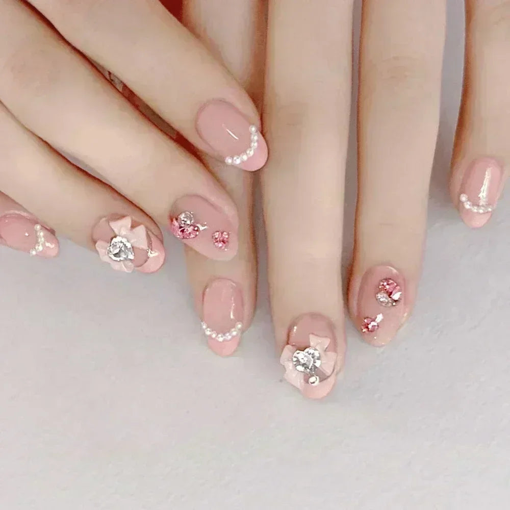 24pcs Detachable Short Press on Nails Y2k rhinestone False Nails with Glue Ballet Sweet Cool Girls Artificial False Nails Tips