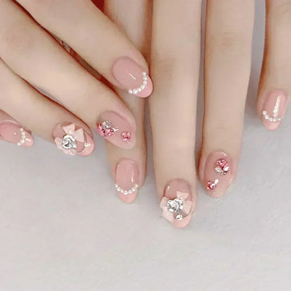 24pcs Detachable Short Press on Nails Y2k rhinestone False Nails with Glue Ballet Sweet Cool Girls Artificial False Nails Tips