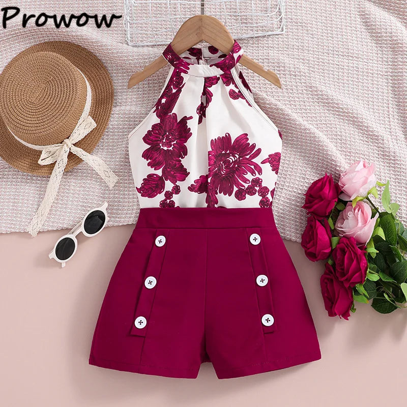 4-12Y Summer Sets For Girls Outfits Sleeveless Halter Neck Heart Top and Black Shorts Children Teenager