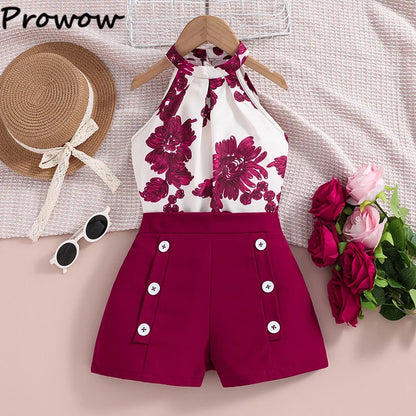 4-12Y Summer Sets For Girls Outfits Sleeveless Halter Neck Heart Top and Black Shorts Children Teenager