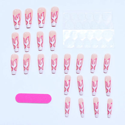 Elevate Your Style With 24pcs Long Coffin White Flame Full Cover Fake Nail Set - Medium Ballerina  Rose Flame Press On Nails Des