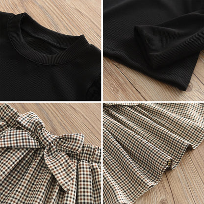 Autumn New Children's Round Neck Top+Bow Plaid Short Skirt+Hat Three Piece Children's Fashion Set