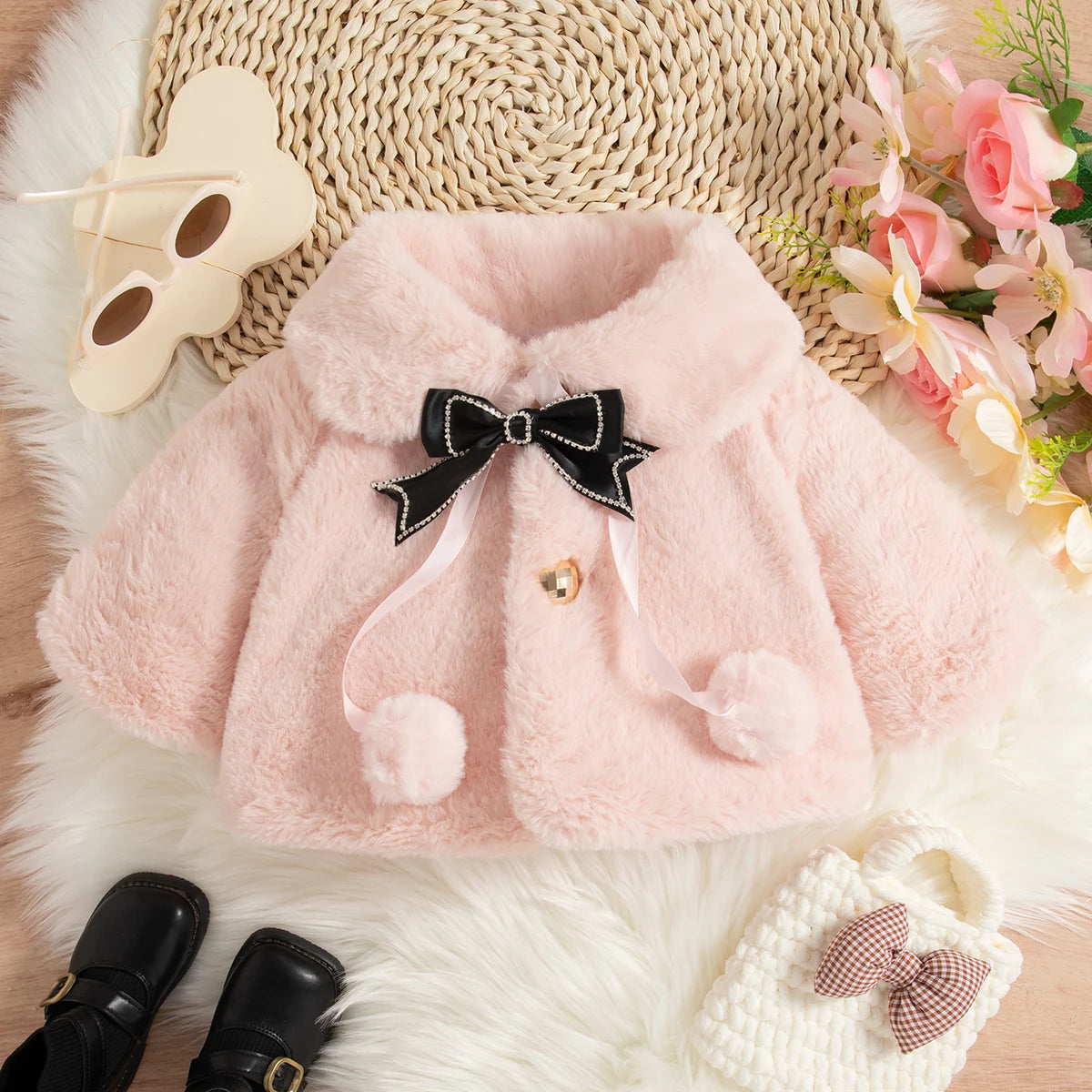 Winter New Sweet Black Bow Baby Girl Coat, Korean Style Warm And Beautiful Children'S Clothing For 6-24 Months