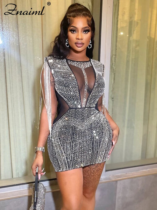 Mesh Sheer Patchwork Sparkly mini dress Crystal Diamonds Rhinestone