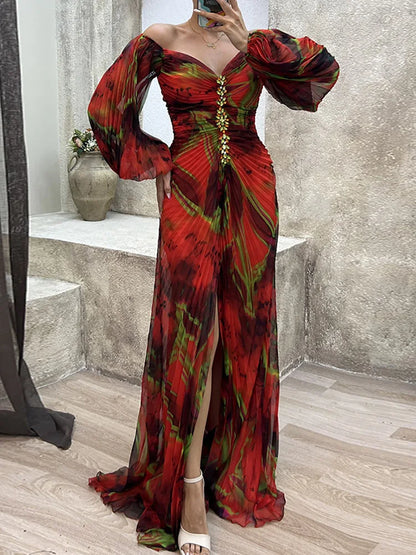 V-Neck Sexy Split Maxi Dress, Long Sleeve Folds Printing Dress