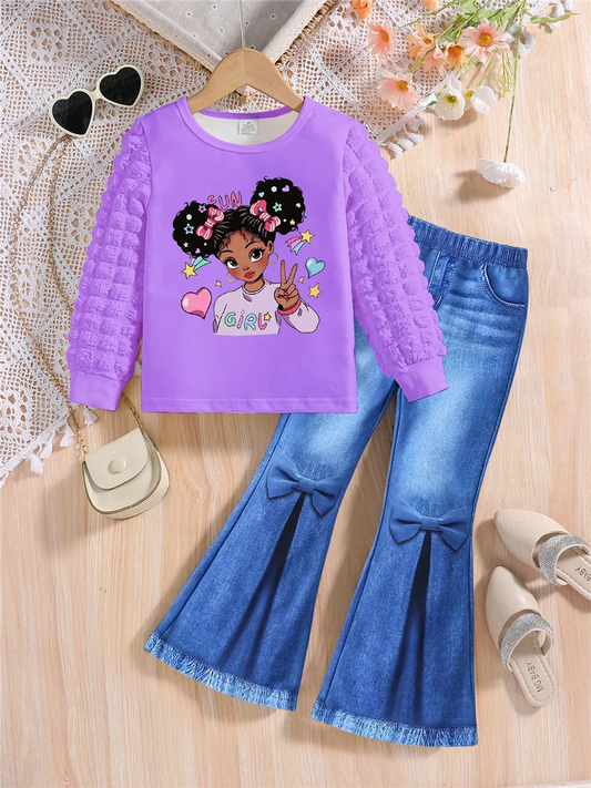 2-piece Spring/Fall Girls Fashion Casual Suit Purple round neck cartoon girl print puffy sleeve top + blue stretch slim pants
