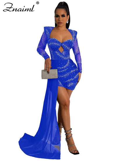 2025 Elegant Evening Sheer Mesh Patchwork Short Dresses Sexy Crystal Rhinestone Celebrity