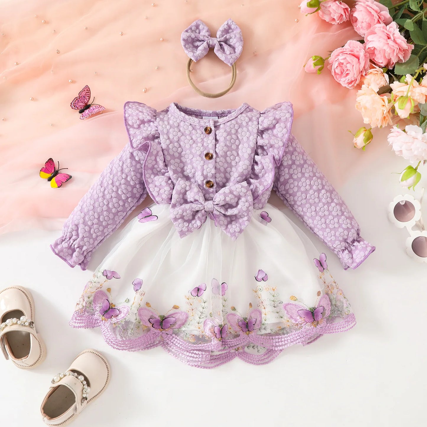 Baby Dresses Birthday Party Costume Pink Jacquard Cardigan Coat and Lace Butterfly Dress For Girls Newborns Infants Clothes