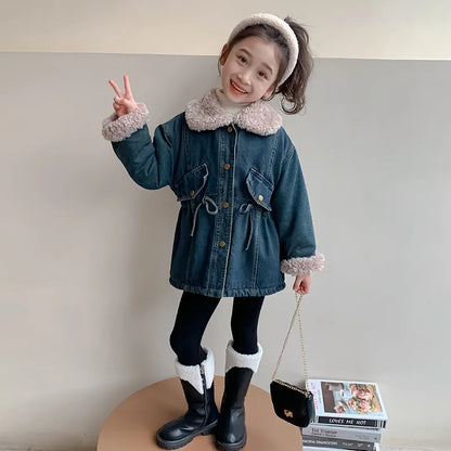 Winter Girls Jacket Kids Baby Girl Thicken Warm Fleece Velvet Coat Children Girl Denim Parkas Outerwear Jackets Clothes 2-8yrs