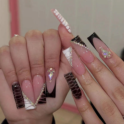 Luxury Ladies 24Pcs/Set Super Long Square French Leopard Print Pink Bow Heart Decoration Wearable Fake Nail  Press on Nail Art