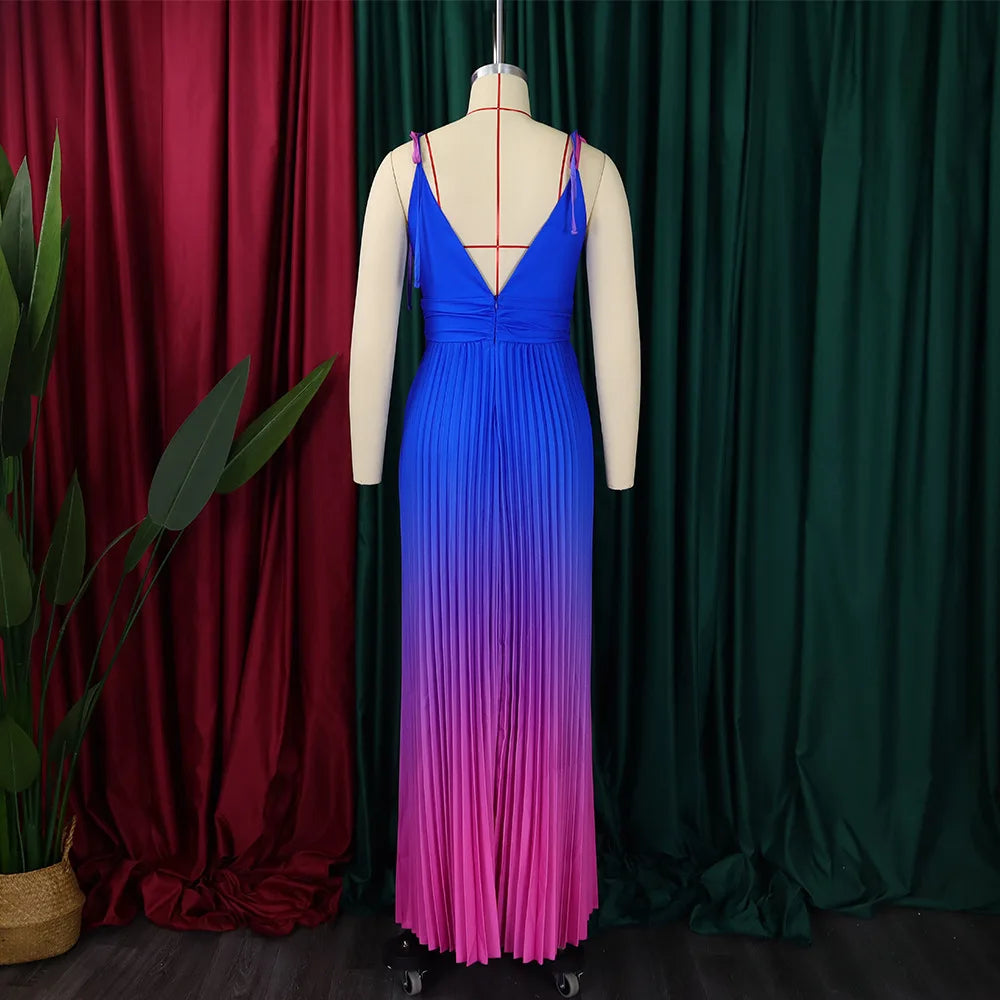 Gradient Color Tie Up Stap Sleeveless Pleated Backless Maxi Dress