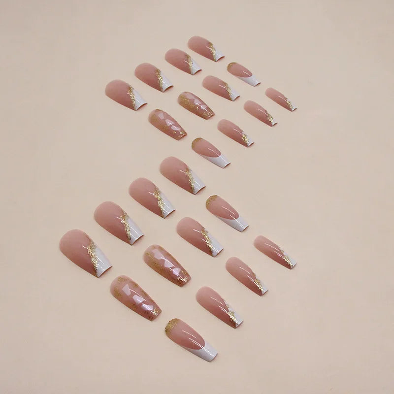 24pcs Coffin False Nails French Glitter Gold foil Fake Nails Full Cover Press on Nails Nail Tips Detachable DIY Long Ballet Nail