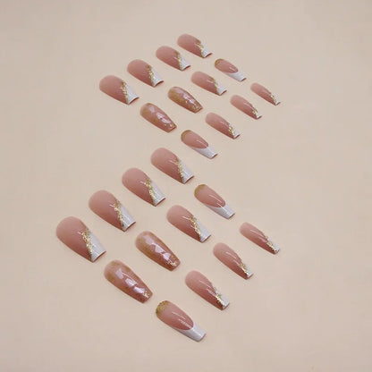 24pcs Coffin False Nails French Glitter Gold foil Fake Nails Full Cover Press on Nails Nail Tips Detachable DIY Long Ballet Nail