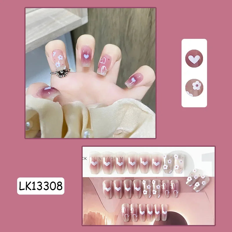 24Pcs New White Daisy Fake Nails Short Simple Detachable Wearable Armor Wearing Reusable False Nails Ballerina Press on Nail Set