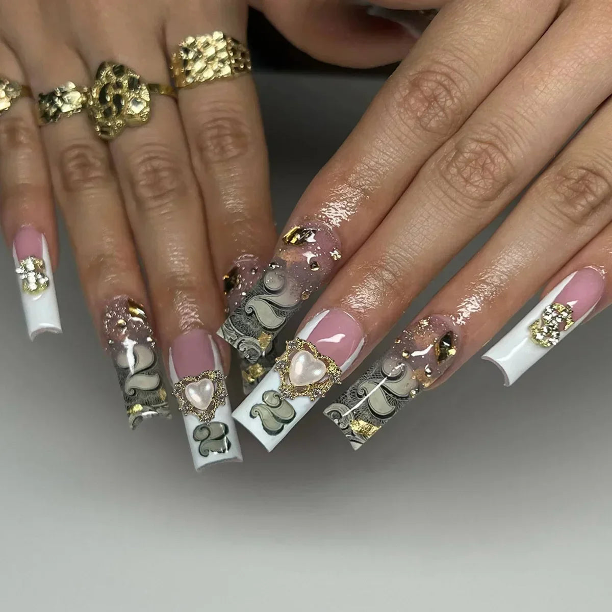 24Pcs White Butterfly False Nails Long Ballet Coffin Pearls with French Design Wearable Fake Nails Full Cover Press on Nail Tips
