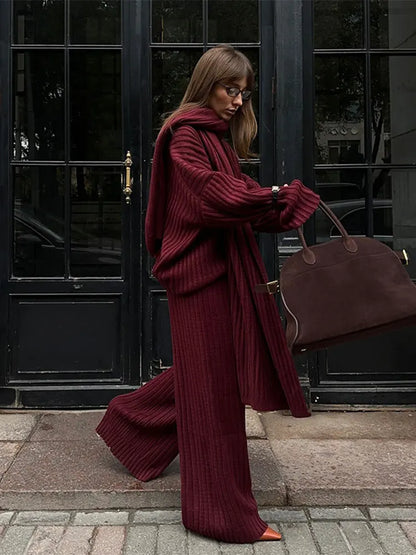 Elegant Burgundy Color Women's Loose Wide Leg Pants Set Chic Scarf Collar V-neck Knitted Sweater Suits Lady Street Knitwear