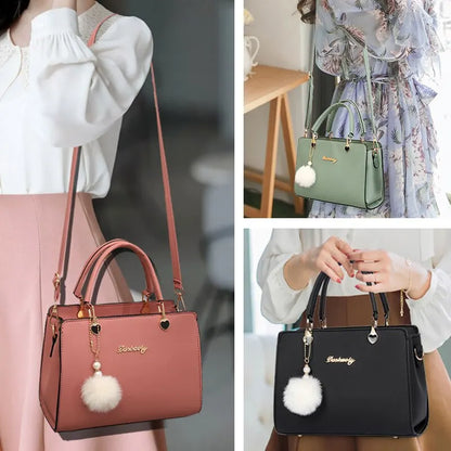 Women Plush Ball Decor Handbag PU Leather Top Handle Shoulder Bags