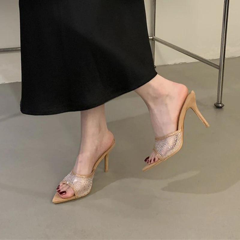 Aneikeh Pointed Toe Mesh Rhinestone Slippers Elegant Woman Heels Outdoor Summer Mules Stiletto Heels Sandal Chanclas Mujer