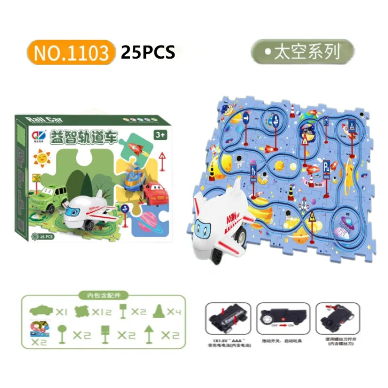 Kids puzzle rail car DIY assembly electric trolley automatic rail city scene building puzzle toys