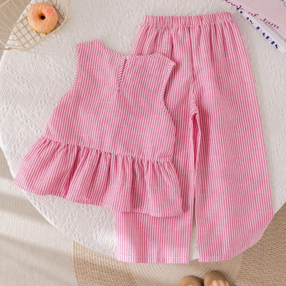 Humor Bear Summer Girls' Suits Pink vertical stripe Bow Sleeveless Vest Top+Pants Two-piece Set Sweet Kids' Clothing Sets