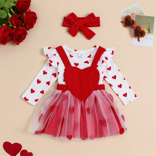 Toddler Baby Girl Valentine's Day Outfits Heart Print Long Sleeve Romper Suspender Skirts Headband