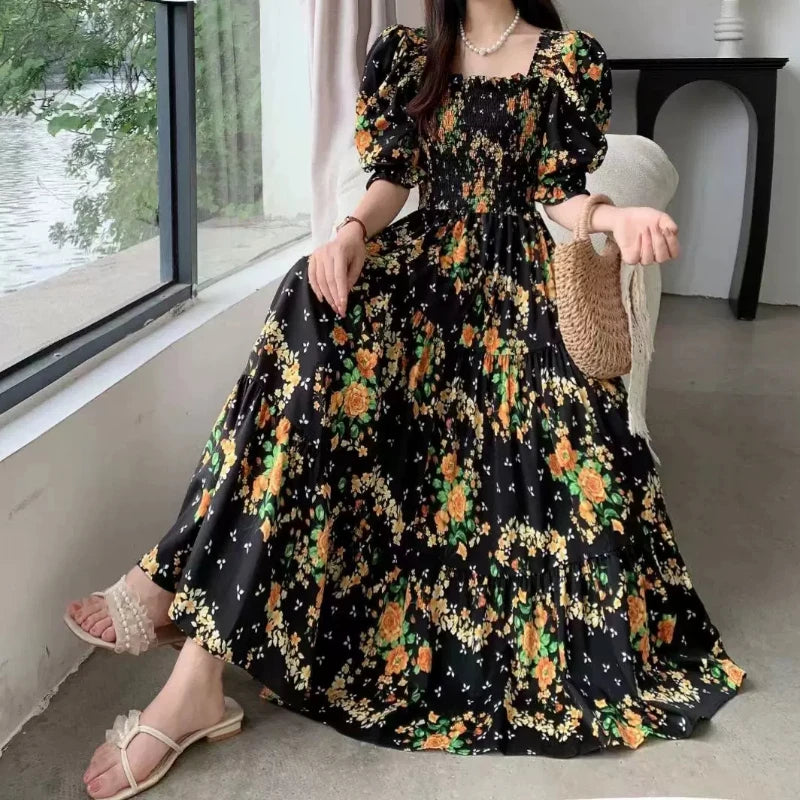Korean Fashion Floral Print 2025 Party Dress Summer Short Puff Sleeve Vacation Women Long Dress Beach Vestidos