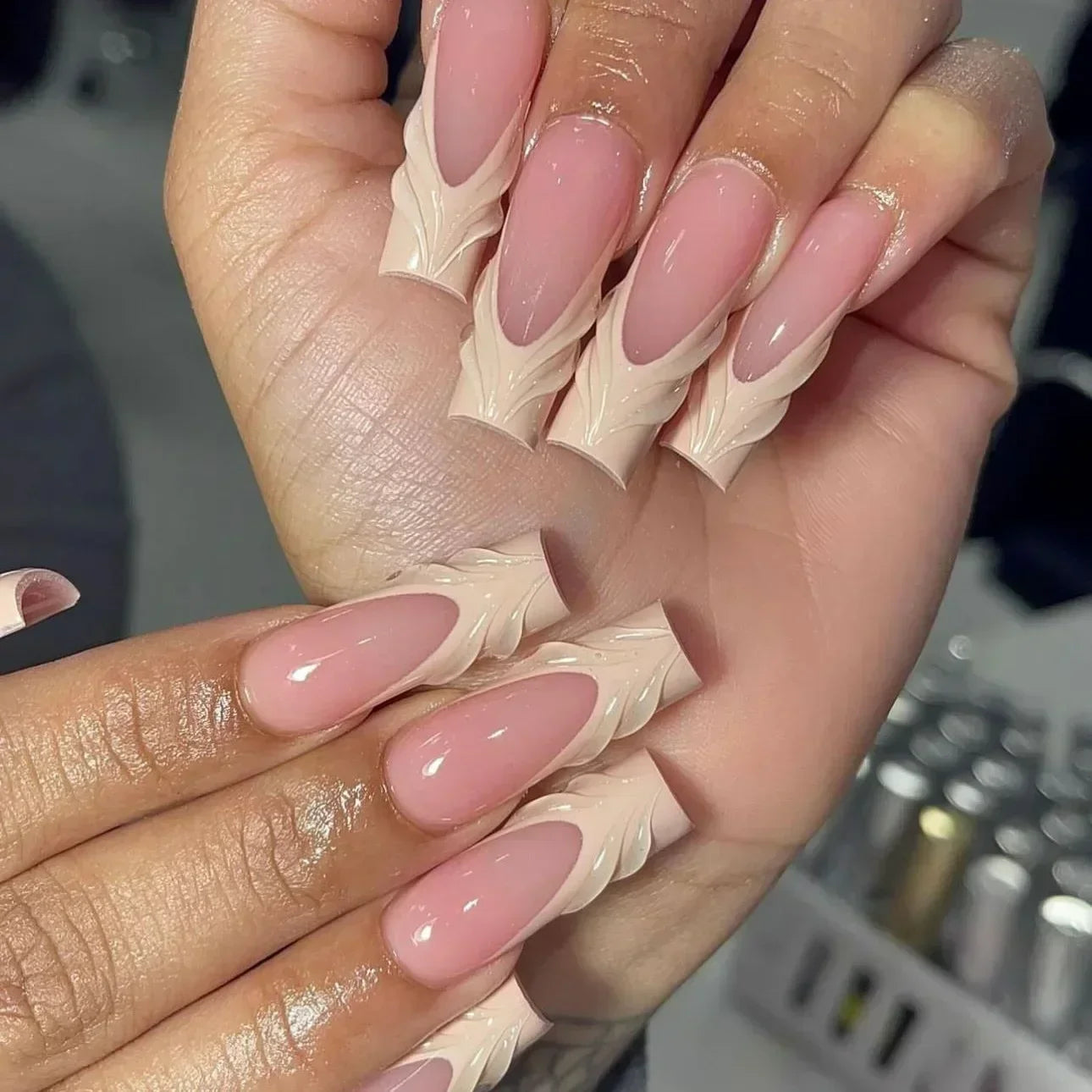 24Pcs Long Ballet Square False Nails Simple French 3d Curve Design Fake Nails Wearable Press on Fake Nails Full Cover Nails Tips
