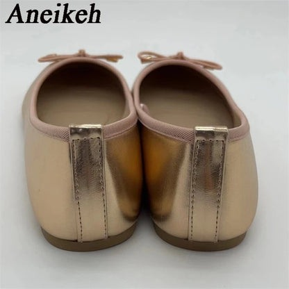 Aneikeh Gold Silver Fashion Flats Luxury Women Ballerinas Round Toe Bowtie Slip on Comfort Loafers Ladies Casual Mules Shoes